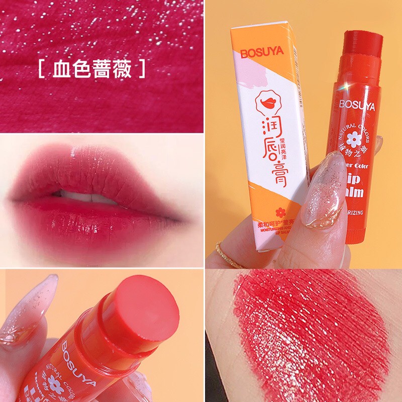 Son dưỡng nội địa Trung có màu BOSUYA flower color Lip Balm cam và hoa hồng