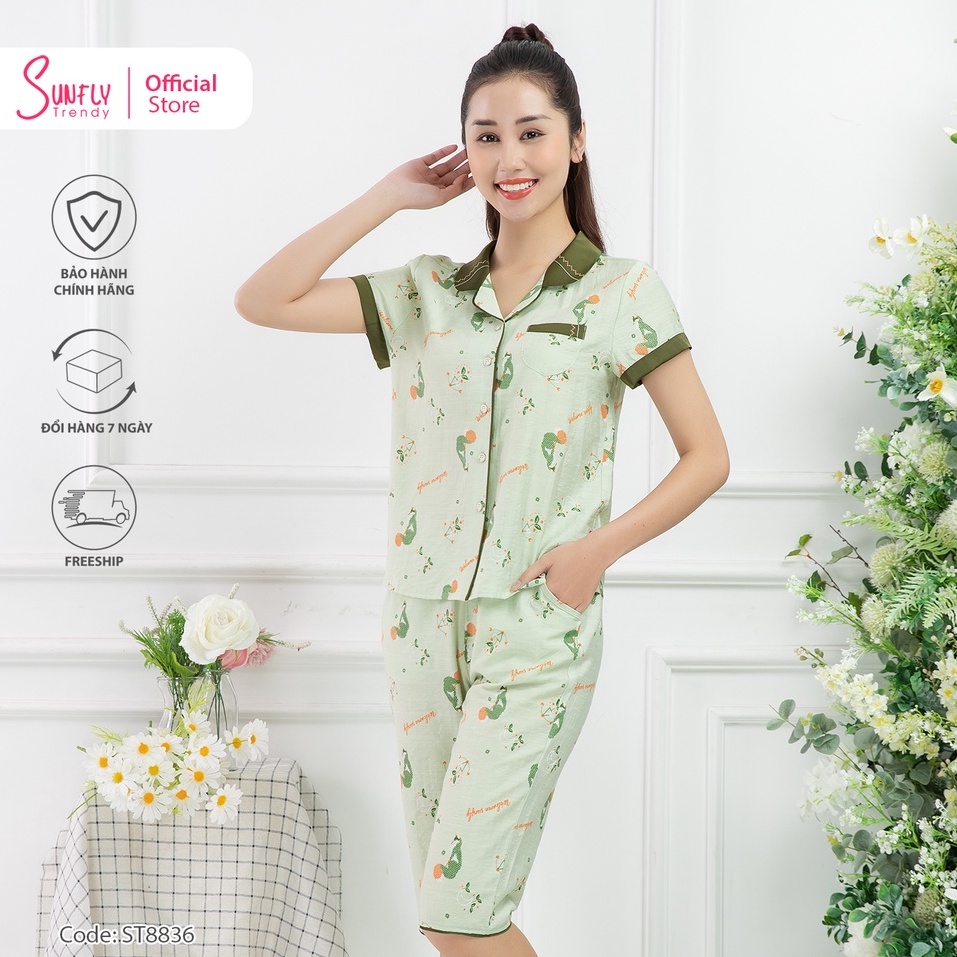 Bộ đồ mặc nhà nữ pijamas linen SUNFLY áo cộc, quần ngố ST8836