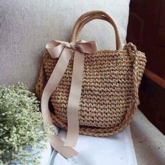 Combo túi cói nơ và mũ cói móc mềm vintage