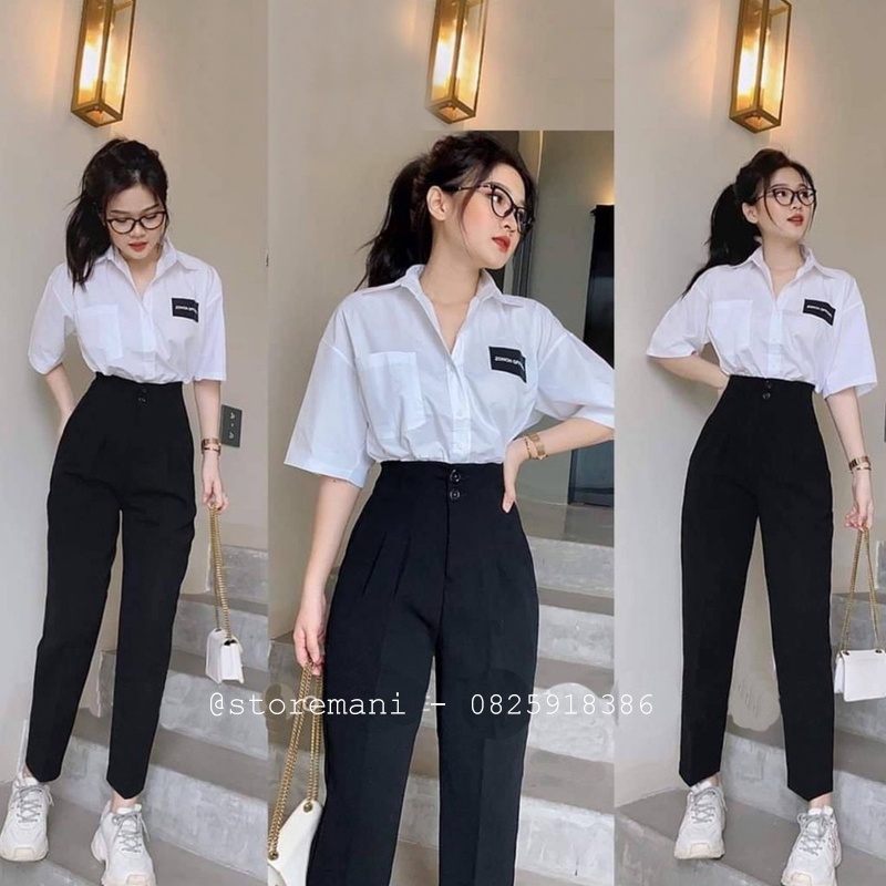 Quần tây baggy nữ đi học cạp liền lưng cao phối 2 khuy cúc cài vải tuyết mưa màu đen trắng mặc đi học đi làm cực xinh