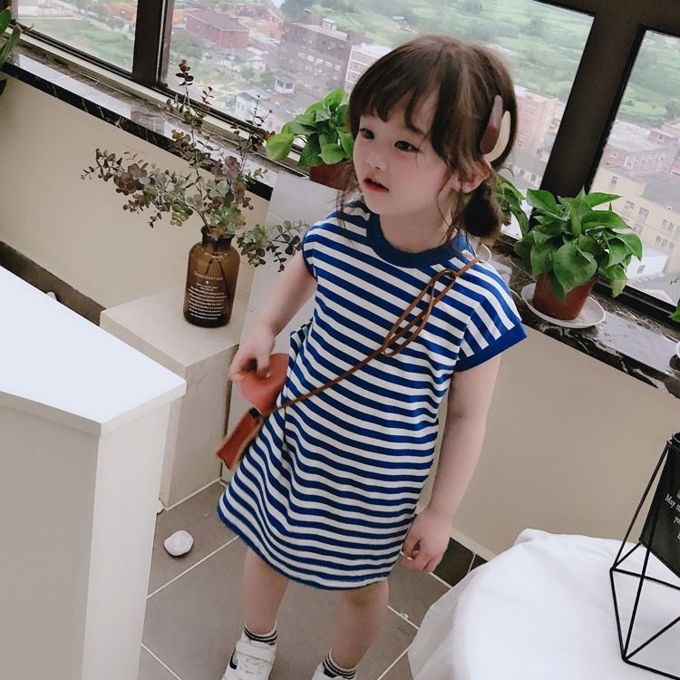 Girl's casual mid length dress girl's navy blue stripe sleeveless T-shirt skirt