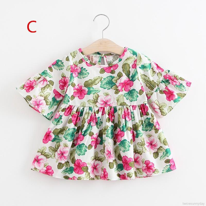 Đầm cotton mỏng tay ngắn loe in họa tiết hoa phong cách retro mùa hè xinh xắn cho bé gái
