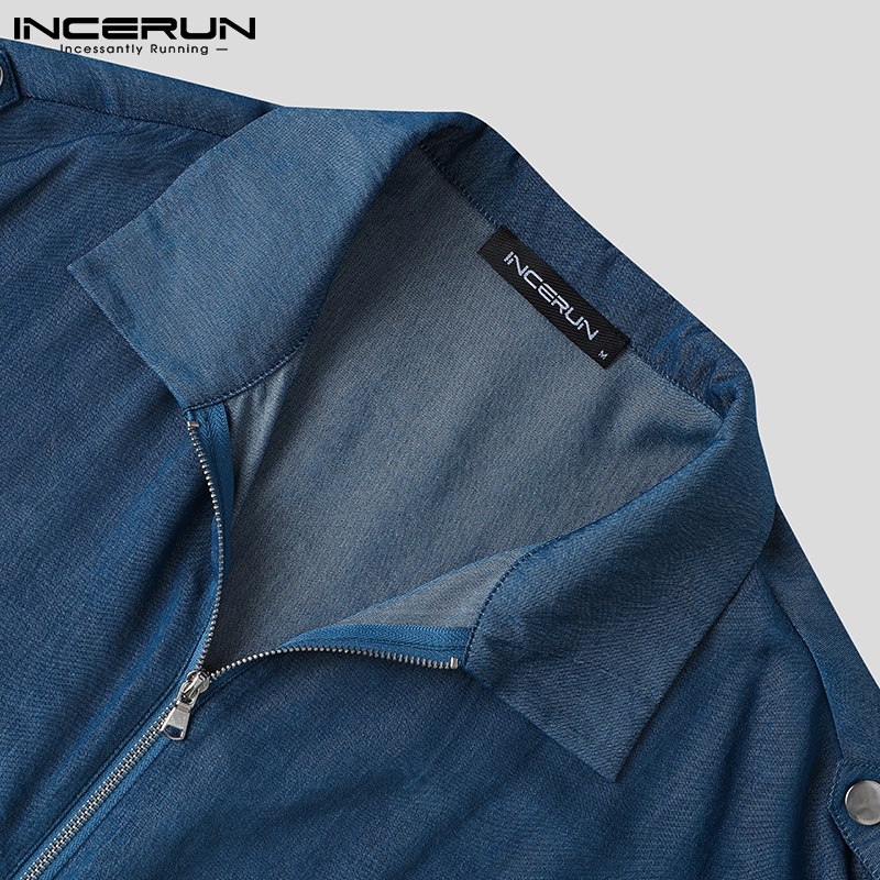 Áo sơ mi INCERUN sát nách màu trơn dáng rộng phối khóa kéo thời trang cho nam