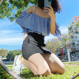 ÁO CROPTOP TRỄ VAI KÈM SCRUNCHIES , SET ĐỒ NỮ 2 DÂY KIỂU SƠ MI VÁY