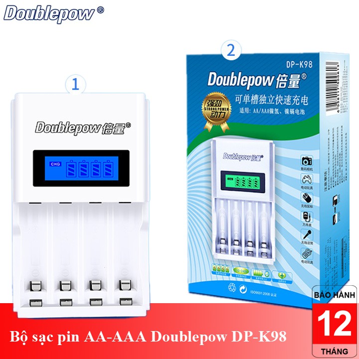 Bộ sạc nhanh pin đũa pin tiểu Doublepow DP-K98 đa năng 4 cổng sạc pin AA và AAA có báo đầy và tự ngắt hàng chính hãng