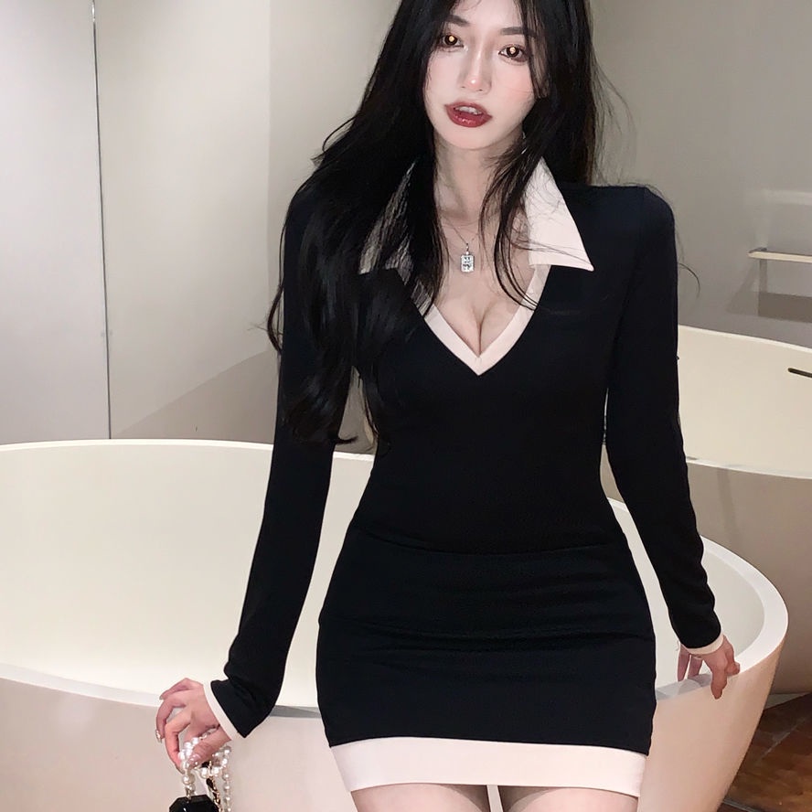 Đầm ôm cổ chữ V màu sắc tương phản thời trang thu đông quyến rũ cho nữ