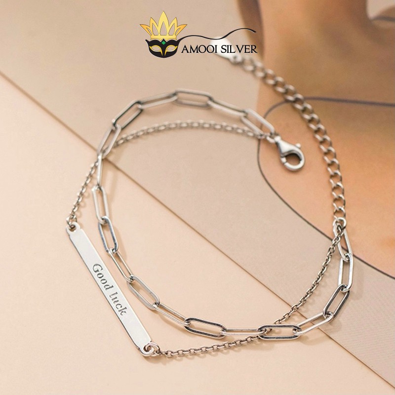 Lắc tay bạc S925 dây đôi GOODLUCK thanh ngang - Amooi Silver AT107