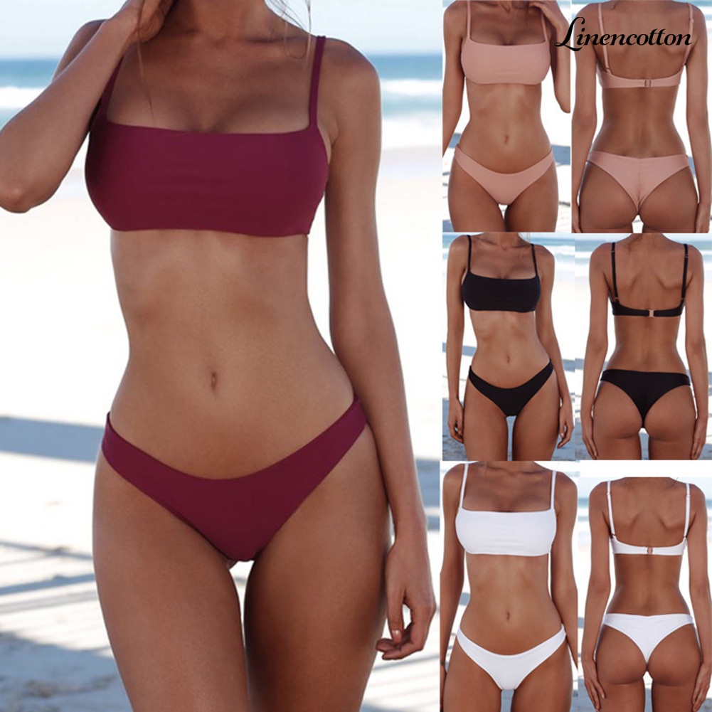 Bikini 2 Mảnh Vải Lanh Màu Sắc Trơn Có Mút Nâng Ngực