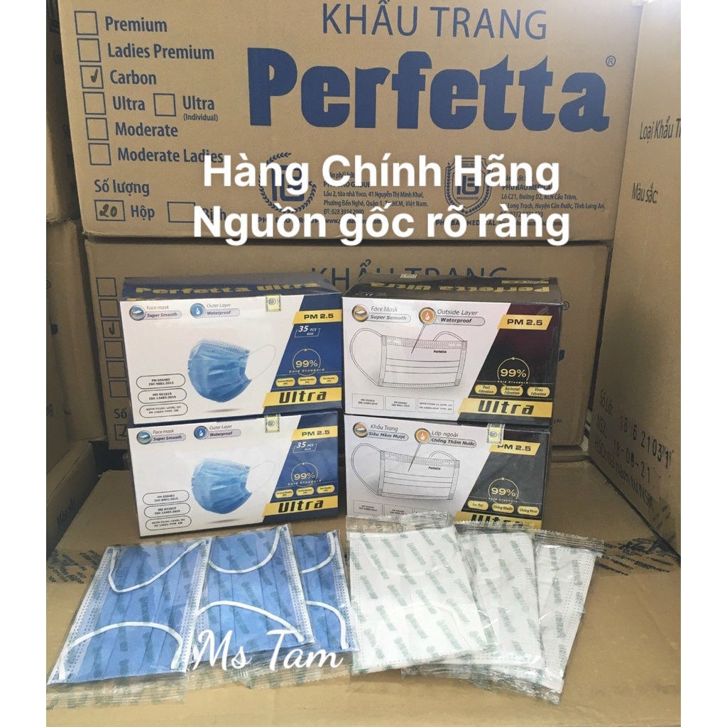 Khẩu Trang Y Tế Cao Cấp Perfetta Ultra PM 2.5 ngăn bụi mịn,siêu mềm mượt,chống thấm nước,chống khuẩn (1 hộp 35 cái )