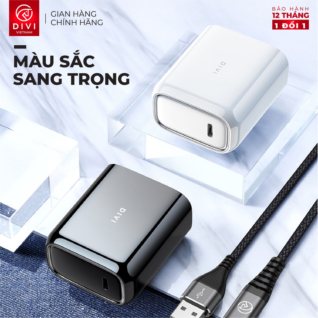 Củ sạc nhanh DIVI P2207 - Sạc nhanh PD, QC 3.0 Công suất 18W Cổng Type C - Hàng chính hãng -  Bảo hành 12 tháng 1 đổi 1