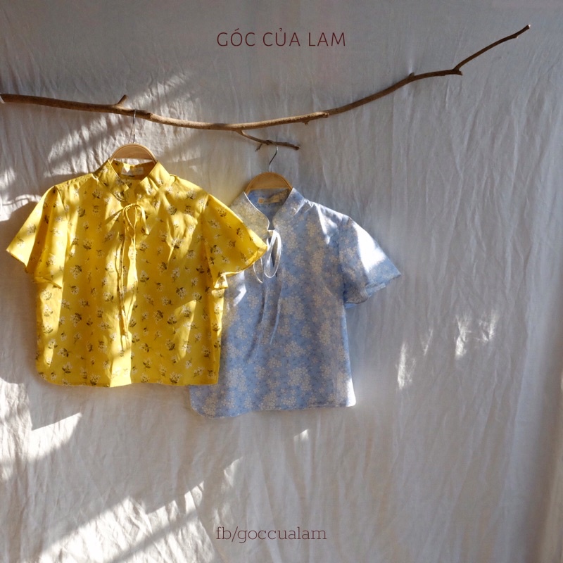 Áo linen croptop cổ tàu cột nơ