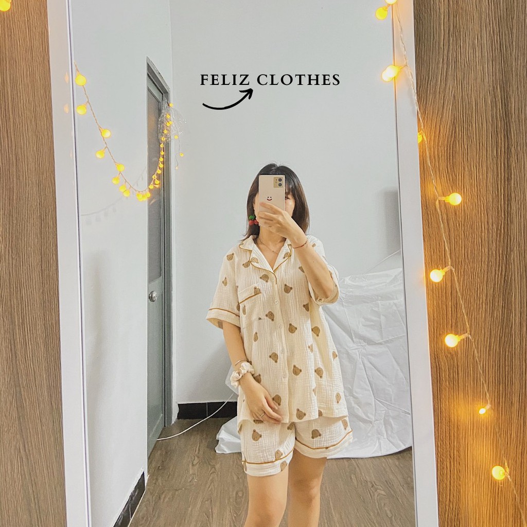 Pyjama xô muslin gấu vàng siêu đáng yêu