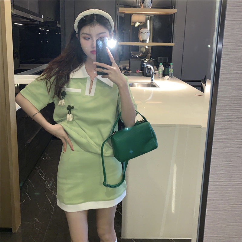 Summer 2022 new sweet collision color Polo leading college style small casual avocado green blouse set girl