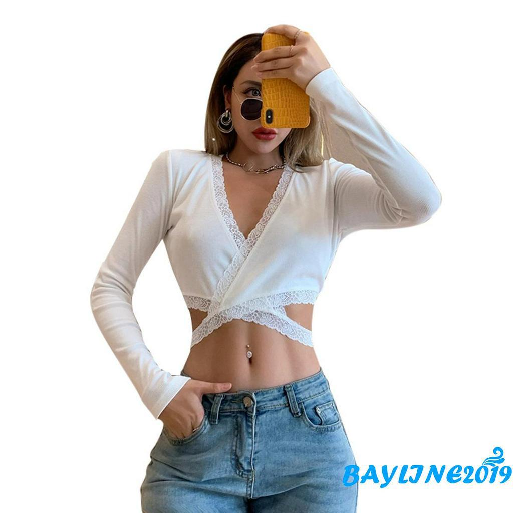 Áo Crop Top Tay Dài Cổ Chữ V Viền Ren Gợi Cảm Dành Cho Nữ