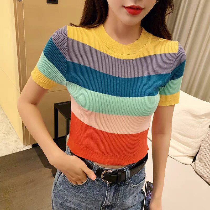 Áo len cổ tròn giữ ấm thu đông sắc màu dáng ôm tay ngắn phong cách hàn quốc cho nữ