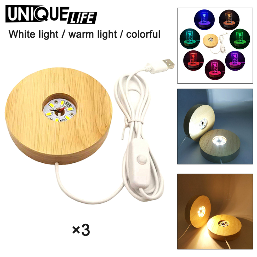 [Unique Life]LED Lights Display Base Wooden Lighted Stand Round Shaped Lamp Night Light Base Holder for DIY Crystal Glass Art Acrylic Board