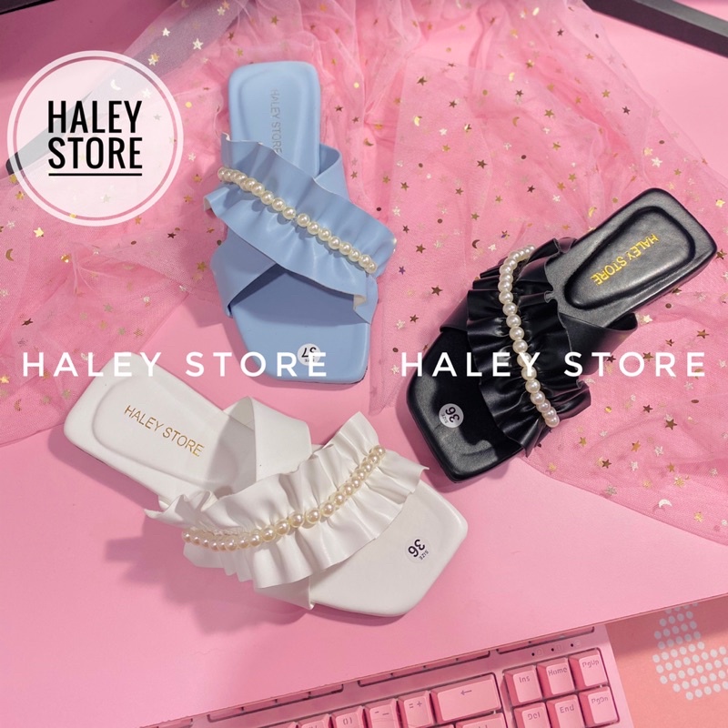 Dép lê nữ nhún nhúm bèo đính ngọc dép bệt kẹp xỏ ngón thời trang ulzzang phong cách tiểu thư HALEY STORE