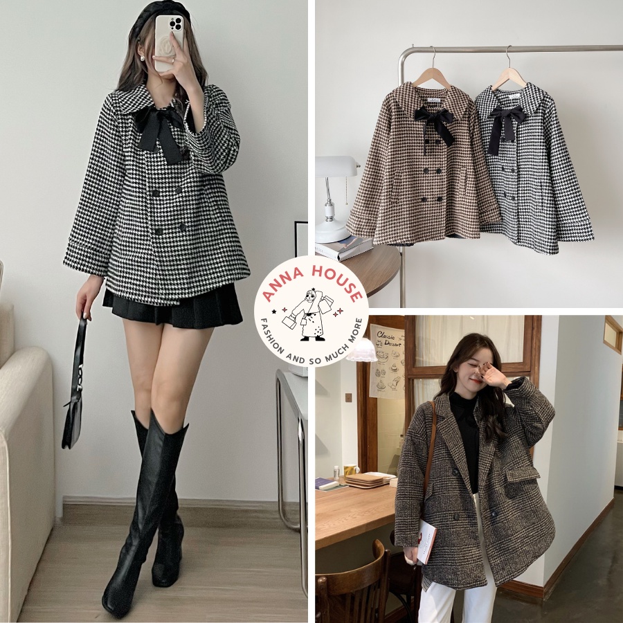 Áo khoác dạ nữ kẻ chần hai lớp dáng rộng oversize cổ vest, Áo khoác dạ kẻ blazer nữ cổ nơ 2 lớp form rộng