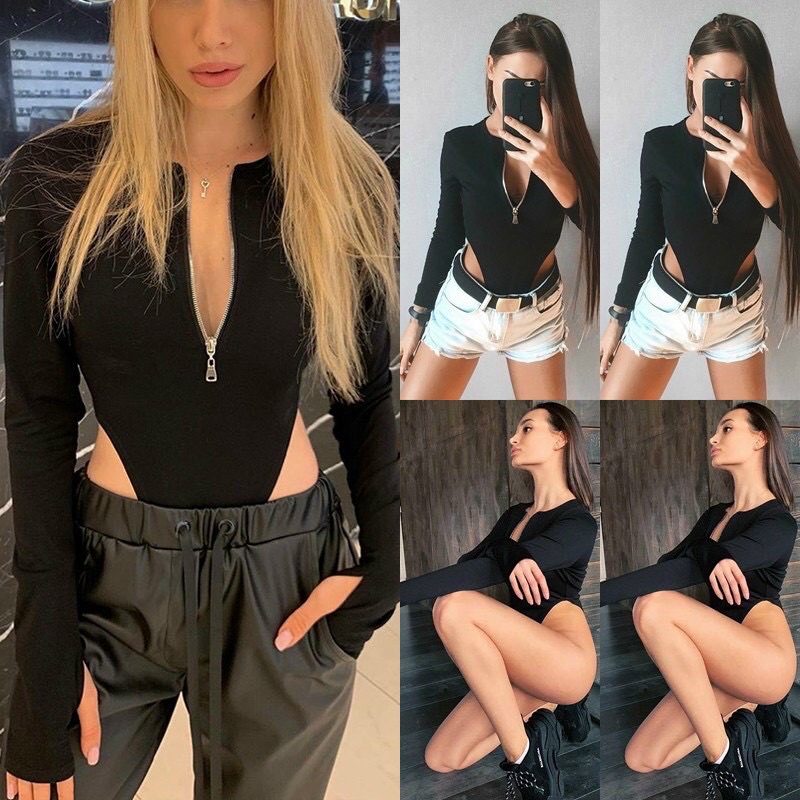 Áo thun gân bodysuit dây kéo tay dài đen quyến rũ gợi cảm phong cách tây độc lạ - thời trang đi chơi dạo phố cá tính