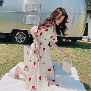 Váy ulzzang đầm maxi trắng họa tiết chấm bi có thắt eo dễ thương nữ tính