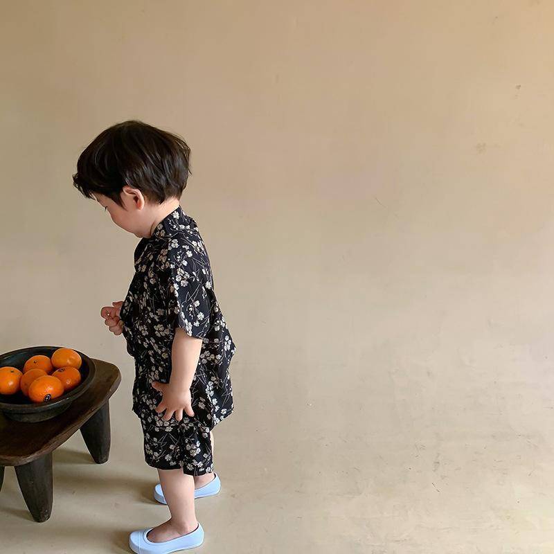 Bộ Áo Sơ Mi Cotton Ngắn Tay + Quần Short Ống Rộng In Hoa Phong Cách Hàn Quốc Thời Trang Mùa Hè Cho Bé Trai
