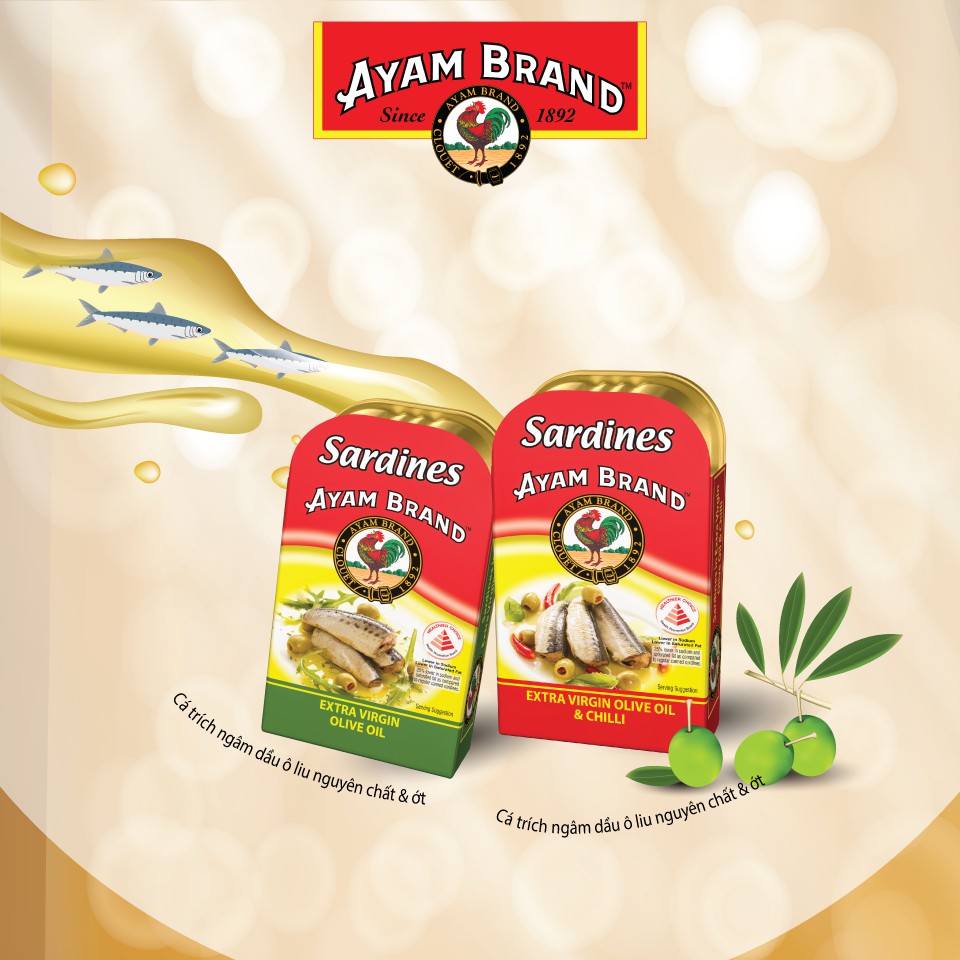 [HỘP XANH LÁ VUÔNG 120g] CÁ TRÍCH NGÂM DẦU Ô LIU NGUYÊN CHẤT [Malaysia] AYAM Sardines in Extra Virgin Olive Oil (halal)
