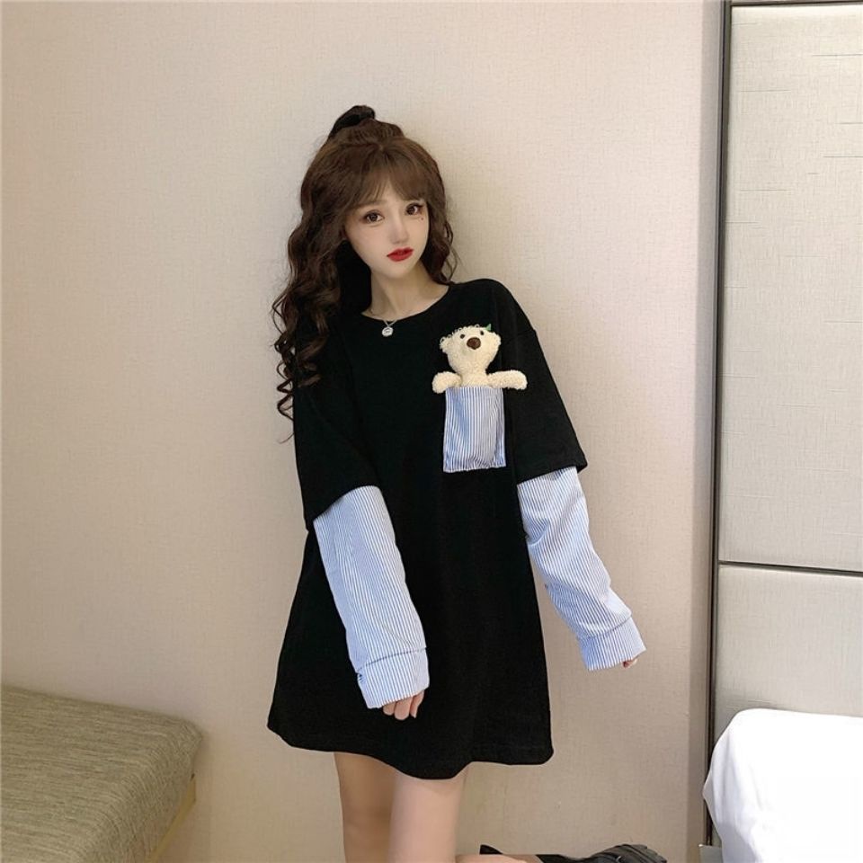 Áo Thun Tay Dài Giả Hai Lớp In Hình Gấu Thời Trang Mùa Xuân 2022 Plus Size Cho Nữ