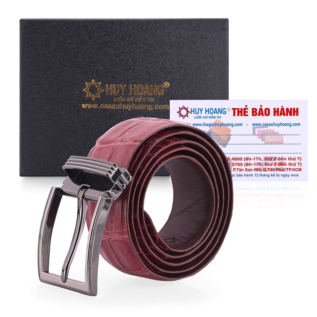 Dây nịt nam da cá sấu Huy Hoàng nguyên con bụng 4P đầu kim màu đỏ đô HP4780