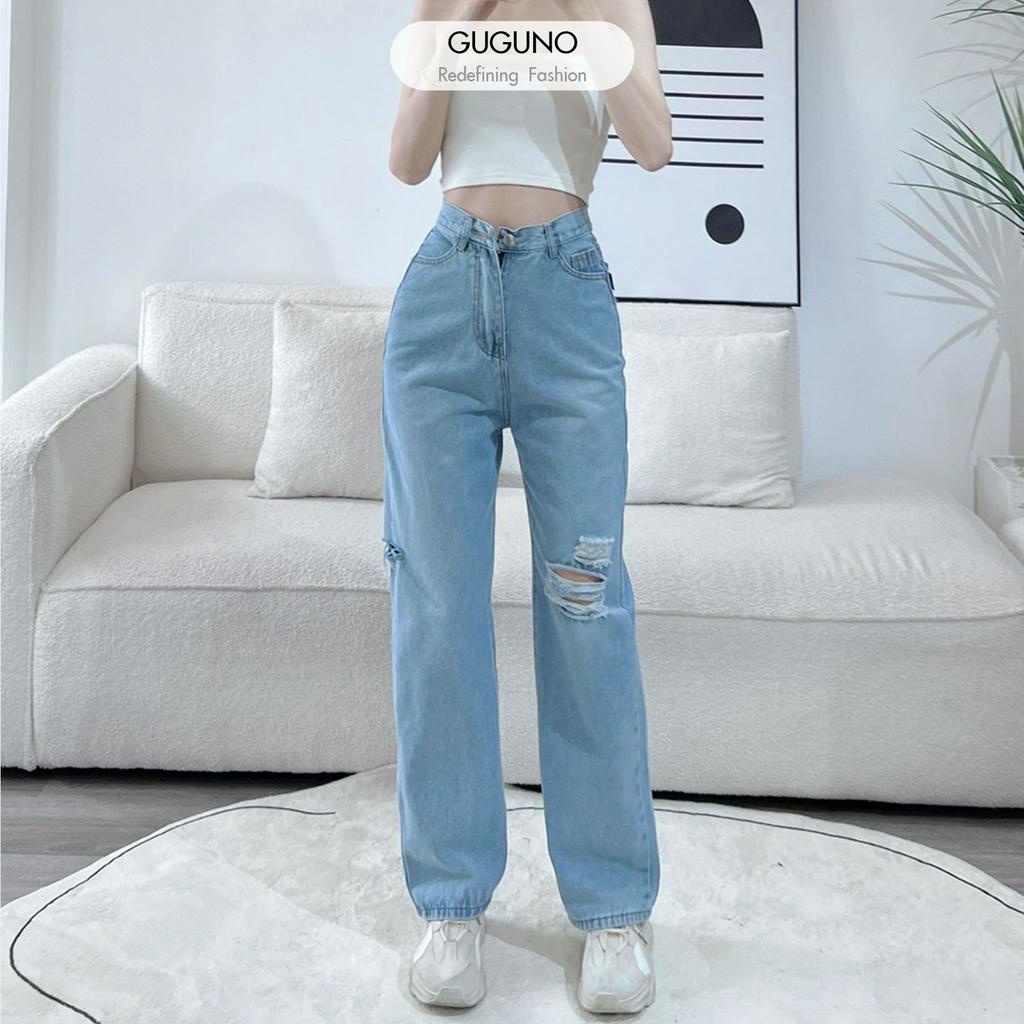 Quần jeans nữ ống rộng cạp cao Guguno (Mẫu thật)