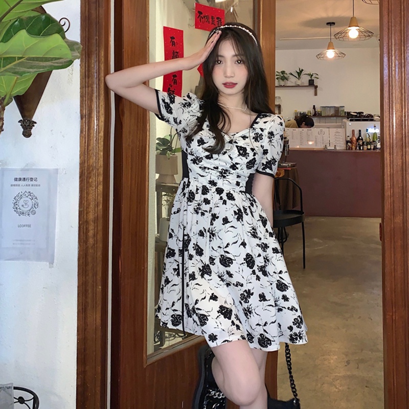 Đầm ZHELIHANGFEI tay ngắn họa tiết hoa hồng ôm eo tôn dáng xinh xắn cho nữ