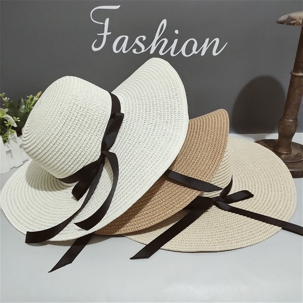 Mũ cói mềm thắt nơ rộng vành, Nón cói vành rộng đi biển phong cách cổ điển thanh lịch cho nữ (Vành lớn)