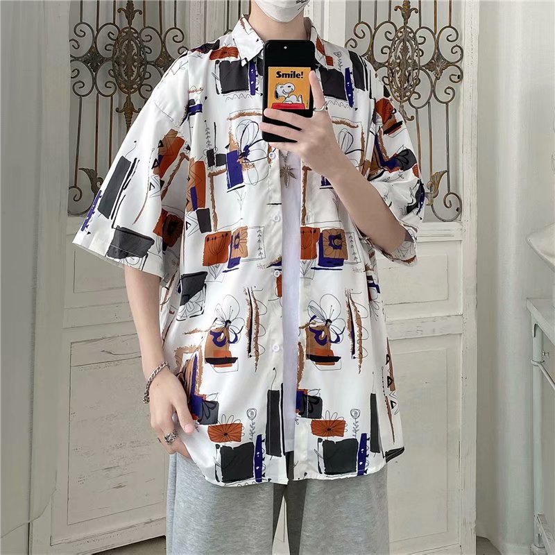Korean Style Retro Floral Pattern Short Sleeve Men's Shirt