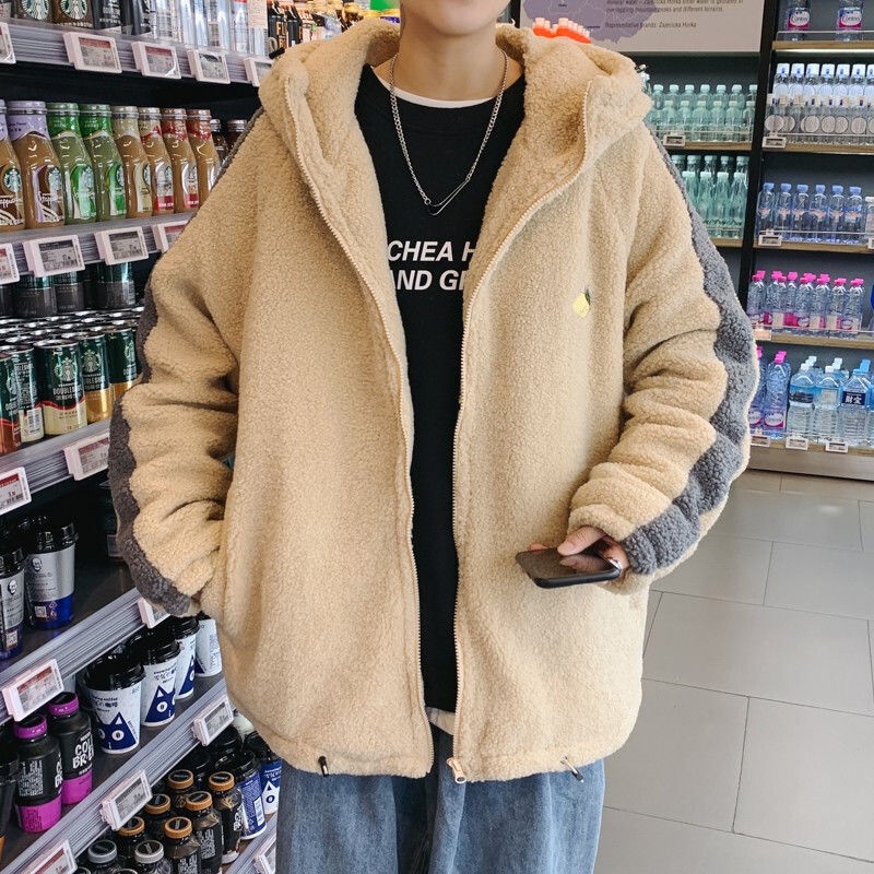 Áo khoác lông cừu tay dài dáng rộng có khóa kéo kiểu Hàn phong cách mùa đông thanh lịch thoải mái dành cho nam