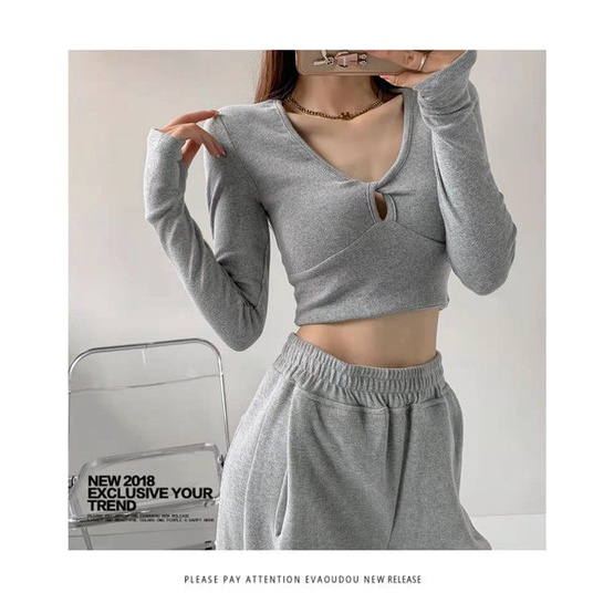 Áo Sơ Mi Ngắn Tay Dài Cổ Chữ V Eo Cao Màu Trơn Phong Cách Retro Dành Cho Nữ áo thun nữ dài tay