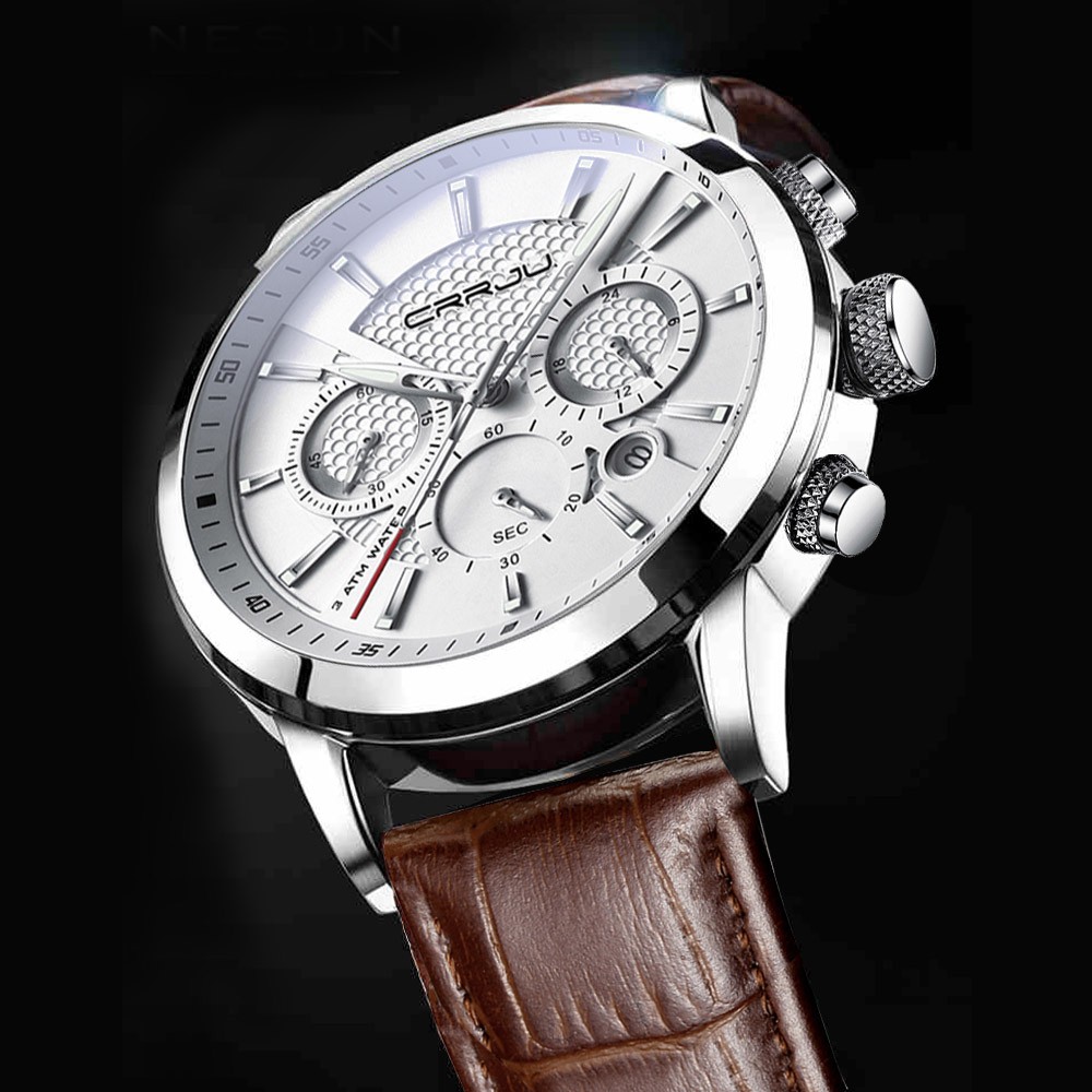 Đồng hồ đeo tay CRRJU 2212LG dây đeo bằng da máy thạch anh chống thấm nước thời trang kinh doanh cho nam
