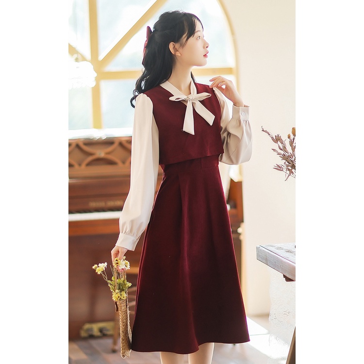Váy đầm vintage dáng dài tiểu thư - Kèm nơ xinh Hàng Quảng Châu - ShinsamStore | BigBuy360 - bigbuy360.vn