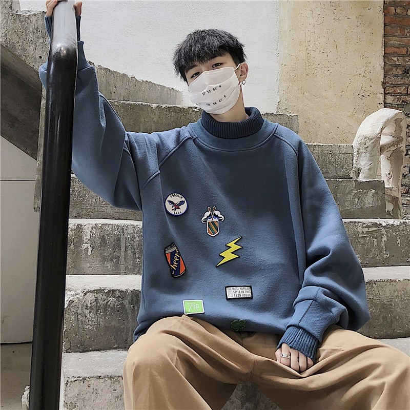 Áo Sweater tay dài cổ lọ dáng rộng in chữ kiểu Hồng Kông thời trang mùa thu 2020 cho nam