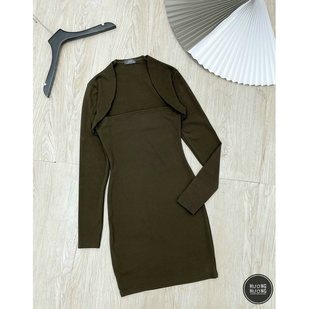 Váy body dáng dài cổ vuông đầm ôm body dài tay sang chảnh màu đen rêu JUMIO