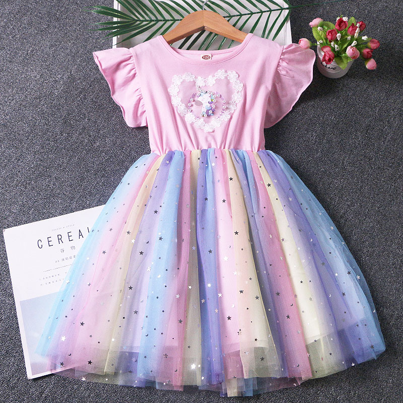 Đầm Xoè Tulle Phối Ren Cầu Vồng Hình Kì Lân Cho Bé Gái (2-8 Tuổi)