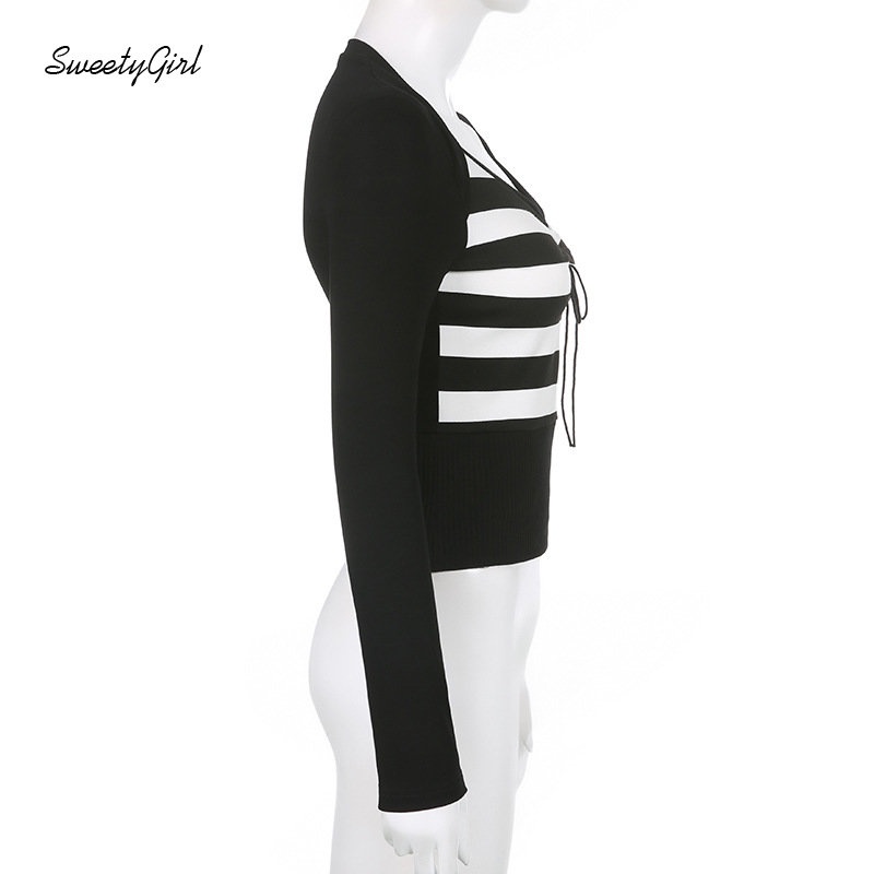 Áo Thun Tay Dài Cổ Chữ V Họa Tiết Kẻ Sọc Phối Màu Trắng Đen Thời Trang 2022 Quyến Rũ Cho Nữ