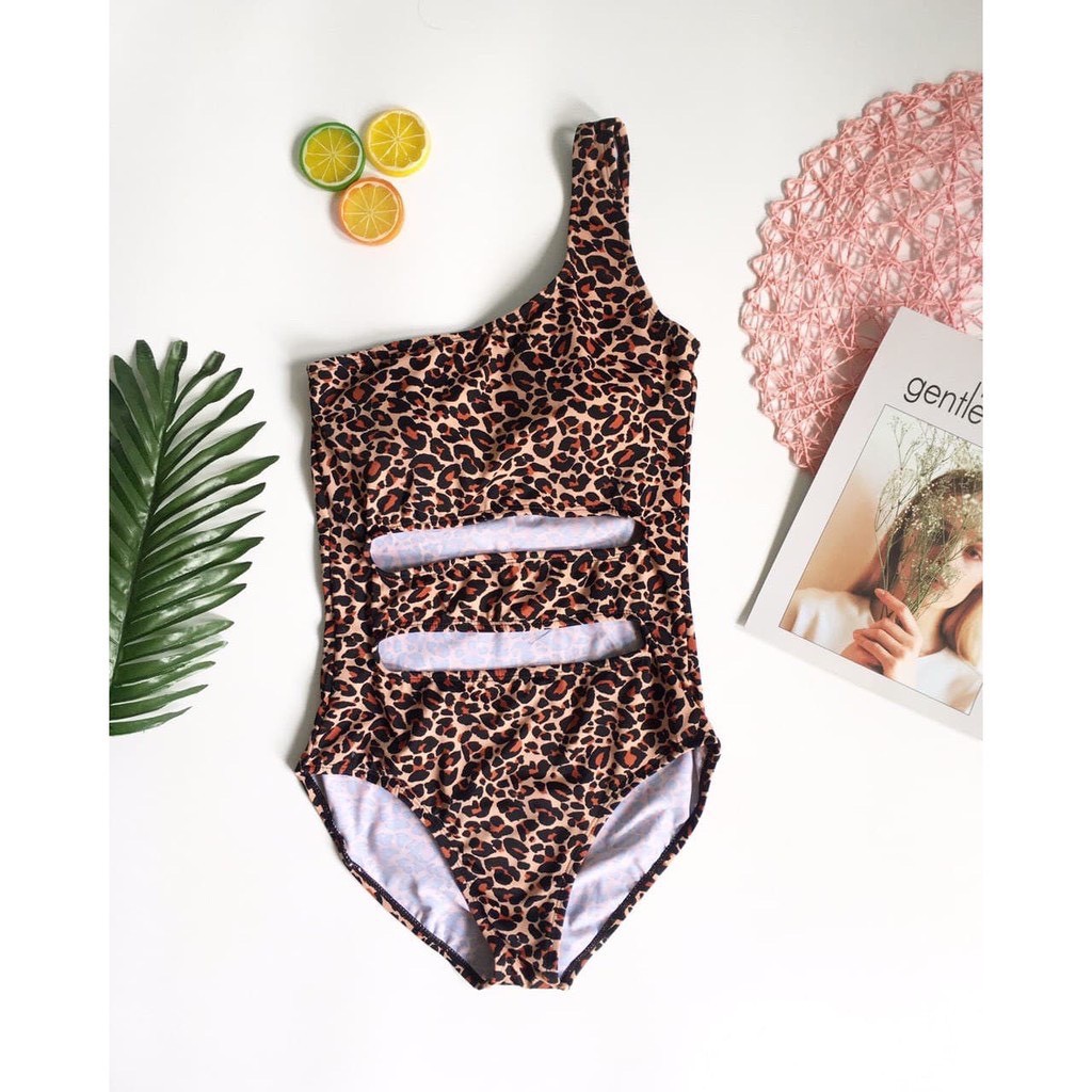 Bikini 1 Mảnh Da Báo Lệch Vai Khoét Eo, Đồ Bơi Liền Thân Da Beo Hai Màu [Ảnh Chụp Thật]  - OS050