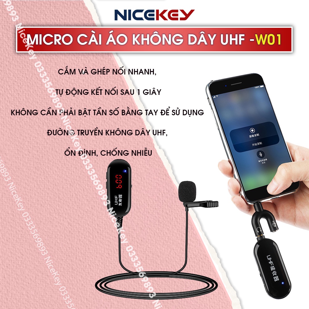 [CHINH HÃNG Mic Không Dây Cài Áo W01 Sử Dụng Sóng UHF Kết Nối Loa Trợ Giảng, Loa Kéo, Amly, Điện thoại, ⚡BH 1 NĂM⚡