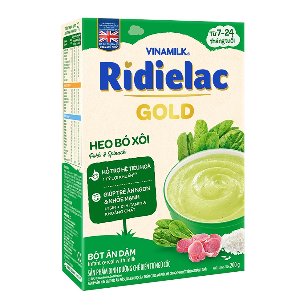 Bột Ăn Dặm RIDIELAC GOLD Heo Bó Xôi - Hộp Giấy 200g.