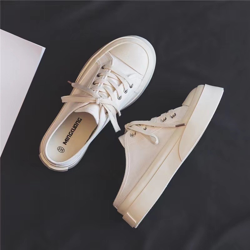 Giày sục đế cao full box, giày ulzzang lười đạp gót vải canvas chất lượng cao FLORA S02