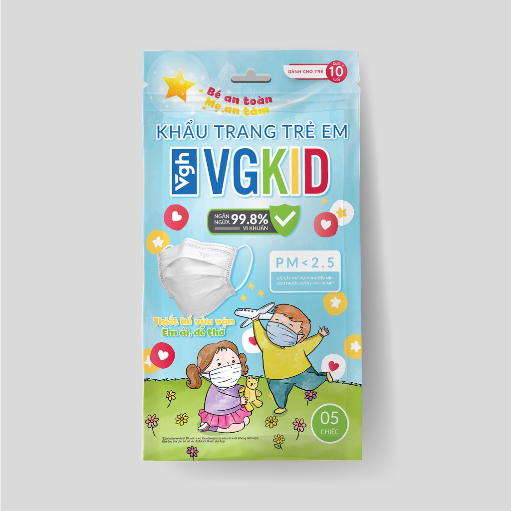 Khẩu trang VG KID túi zip cho bé kháng khuẩn, chống bụi mịn 99,98%, vừa vặn-Chính hãng VG Healthcare-Túi  5 chiếc