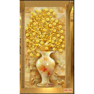 Tranh bình hoa cây kim tiền 3D dán tường in Vải Lụa