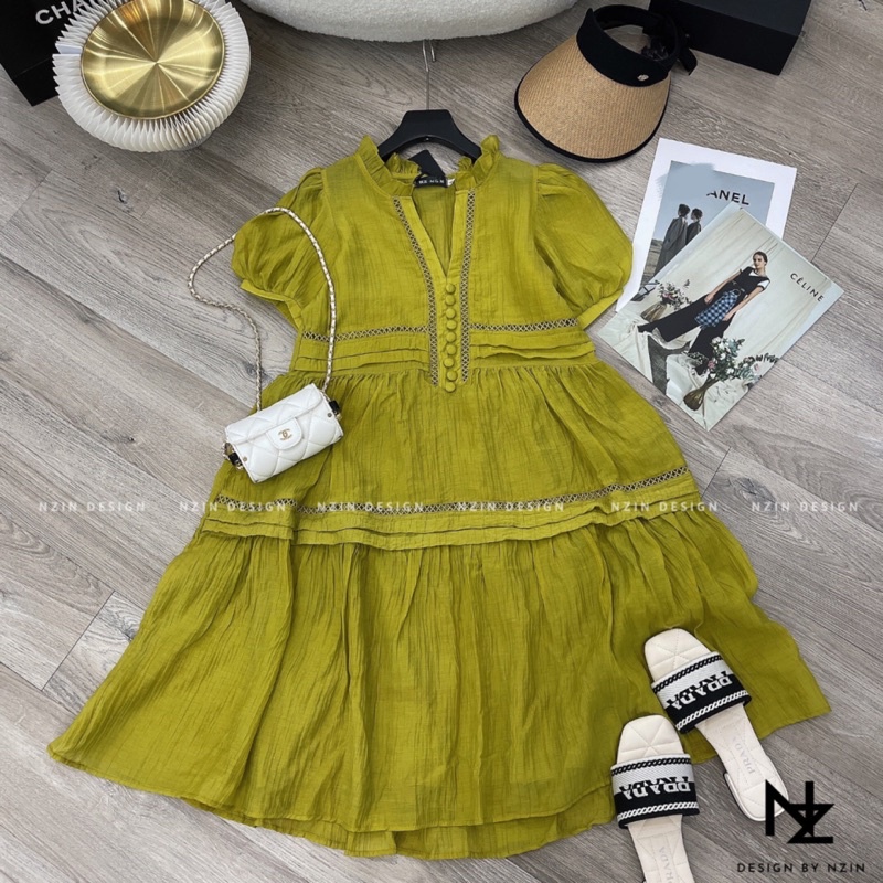 Váy đũi nhăn dáng xuông cúc bọc