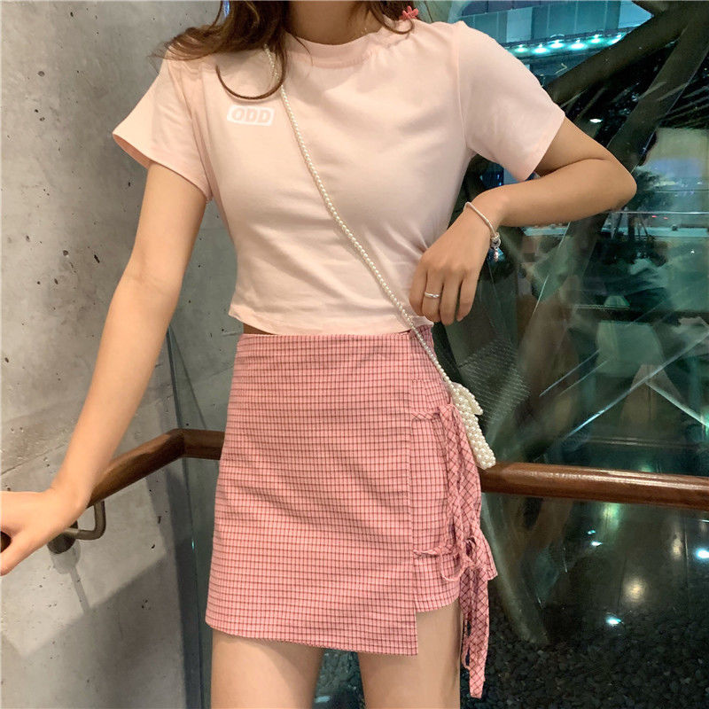 Chân Váy Chữ A Kẻ Sọc Thắt Dây Siêu Xinh + Áo Croptop Thời Trang Cho Bạn Gái