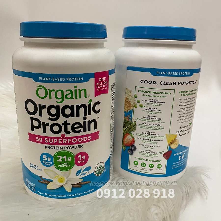 Bột Protein Hữu Cơ Orgain Organic Protein Vị Vanilla 1,22kg[Hàng Air Mỹ]