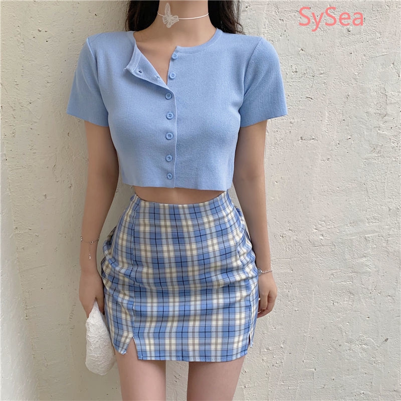 Set Áo Lửng Ngắn Tay + Chân Váy Ca Rô Lưng Cao Thời Trang Dành Cho Nữ